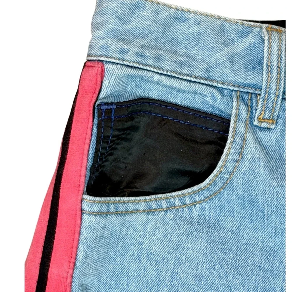 Koche Women Light Wash Designer Paris Jeans Pink Stripe Black Satin $465 MSRP 26